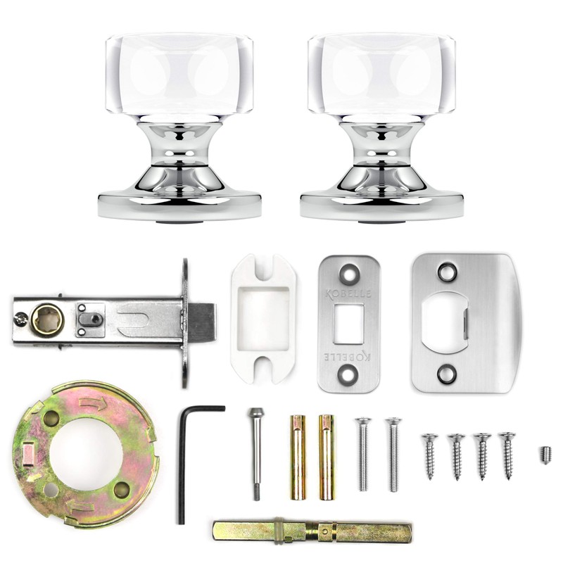 (4 Pack) Privacy Round Crystal Door Knobs Chrome Round Rosette