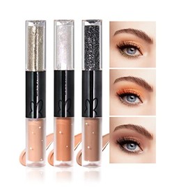 Prreal 3Pcs Liquid Glitter Matte Eyeshadow Set, Shiny Liquid Eyeliner and Matte Velvet Cream Eyeshadow 2 in 1, Long Lasting Shimmer Matte Eyeshadow, Waterproof Christmas EyeShadow Makeup Set (Color A)