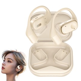 SPOTFISH Open Ear Headphones Bluetooth 5.3, Wireless Earbuds 14.2mm Enhanced Bass,Immersive Stereo Sound by,Hanging Ear Sports Earphones,4 Mics Clear Calls-Y30 (Beige