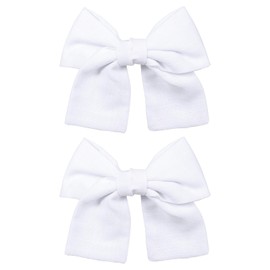 4" White Cotton Linen Hair Bows Alligator Clips 2pc Soft Ribbon Ponytail Barrettes Hairpins for Flower Girls Kids Women Wedding Pageant 1st Communion Dress Decor Accessories Gift