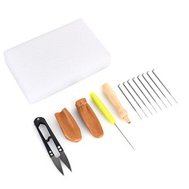 Kit de fieltro de aguja, juego de herramientas de fieltro de lana, herramienta de fieltro de aguja y suministros con agujas de fieltro, mango de madera, punzón, tijeras, cunas de dedo de piel,