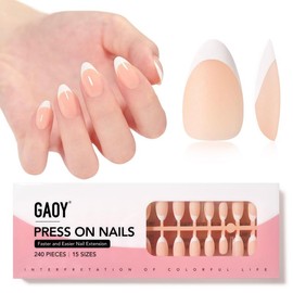 GAOY French Gel Nail Tips, 240Pcs Press on Nails Light Pink Medium Square Gel X Nail Tips, Pre-applied Tip Primer and Base Coat Cover, 15 Sizes Pre-filed Fake Nail Tips for Nail Extension - Color: Natural Nude-Short Almond-Matte