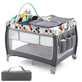 HONEY JOY Pack and Play, 4 in 1 Portable Baby Crib Playpen w/Bassinet, Changing Table, Storage Bag, Hanging Toys, Mattress, Foldable Pack and Play Nursery Center for Infant Boys Girls (Blue)