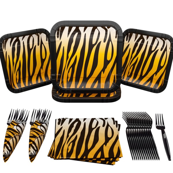 Tiger Stripe Value Party Supplies Pack (60 Pieces for 16 Guests) - Tiger Party Supplies, Tiger Birthday Decorations, Tiger Plates and Napkins, Jungle Party, Wild One Birthday, Blue Orchards