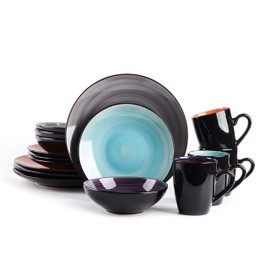 HomeVss Sonoma 16 Piece Stoneware Dinner Set, Samoa, Outside Black + Inside Hand painted Combi Colors of Grey, Orange, Purple and Turquoise) with speckle