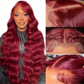 ULRICA 28 Inch 99J Burgundy Lace Front Wigs Human Hair 13x6 HD Transparent Body Wave Lace Front Wigs Pre Plucked Wine Red Burgundy Wig Huamn Hair for Women 250 Density Natural Hairline