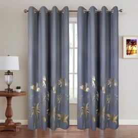 Chlophy Gold Blackout Curtains Grey Foil Printed Palm Leaves Trees Luxury Bedroom Eyelet 46×54 Short Thermal Tropical Total Room Darkening Metallic Window Curtain Living Room 2 Panels