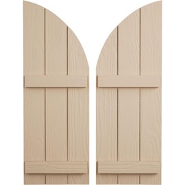 Ekena Millwork 16 1/2"W x 38"H (21 1/2" Low Side) Timberthane Sandblasted Three Board Joined Board-n-Batten w/Quarter Round Arch Top Faux Wood Shutters (Per Pair), Primed Tan