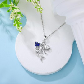 LONAGO Mermaid Necklace for Women 925 Sterling Silver Mermaid with Heart Cut Birthstone Pendant Necklace, Sterling Silver, Cubic Zirconia