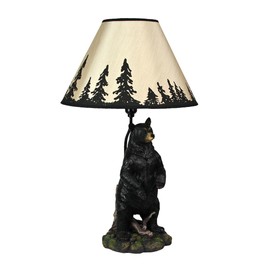 Zeckos Arkadius Rustic Black Bear Resin 24 Inch Table Lamp with Forest Silhouette Shade Wildlife Cabin Decor Whimsical End Table Decorative Light 24 Inches High