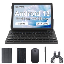 PEICHENG Tablet 10.1" Android13.0, Tab Set with Case/Keyboard/Cable/Mouse/Stylus, MTK8768 Octacore 2.3GHZ,10GB RAM+64GB ROM IPS1280x800 Screen 2MP Front+8MP Back Dural Cameras,6000mAh Battery,Black