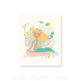 Sea Urchin Studio Ocean Wall Art for Girls, Blonde Mermaid-Seahorse-Dolphin 3 Print Set, Each 8" x 10