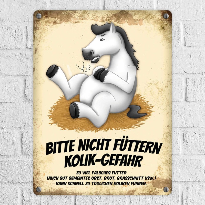 Metal Sign with White Horse Motif and Saying "Bitte nicht