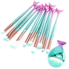 Juego de 11 brochas de maquillaje para niña, base de cejas, delineador de ojos, colorete, corrector, brochas para mujeres y niñas, juego de herramientas de maquillaje (mango colorido de cola de pece)