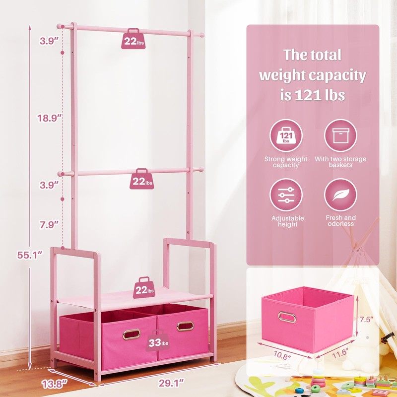 Vilaxing Kids Clothing Rack Bamboo with 2 Storage Baskets and