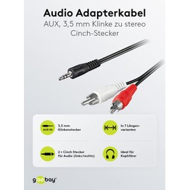 Goobay 50780 Audio Cable AUX Adapter, 3.5 mm Male to Stereo RCA Male, Black, 15 m Cable Length