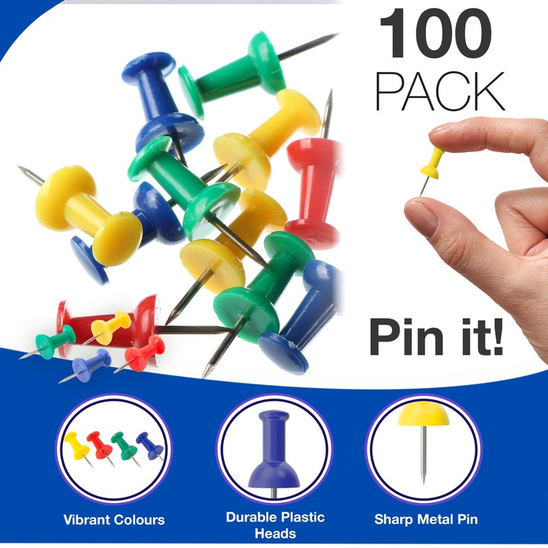 100 Multi Coloured Push Pins - Drawing Pins With Storage