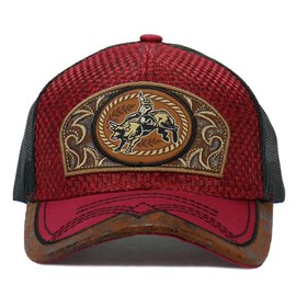 CHL Trading Rodeo Cowboy Straw Cap Hat Bull Rider/Horse Embroidered Mesh Trucker Western Style Snapback Baseball Cap (Cowboy - Red), Large-X-Large