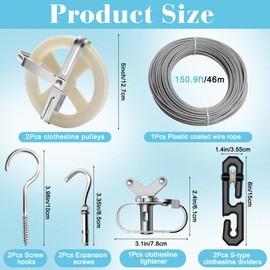Solaradgy Clothes Line Outdoors, Includes 150.9FT Plastic Coated Wire Rope 2Pcs Clothesline Pulleys 2Pcs S-type Clothesline Dividers 1Pcs Clothesline Tightener 2Pcs Screw Hooks & 2Pcs Expansion Screws