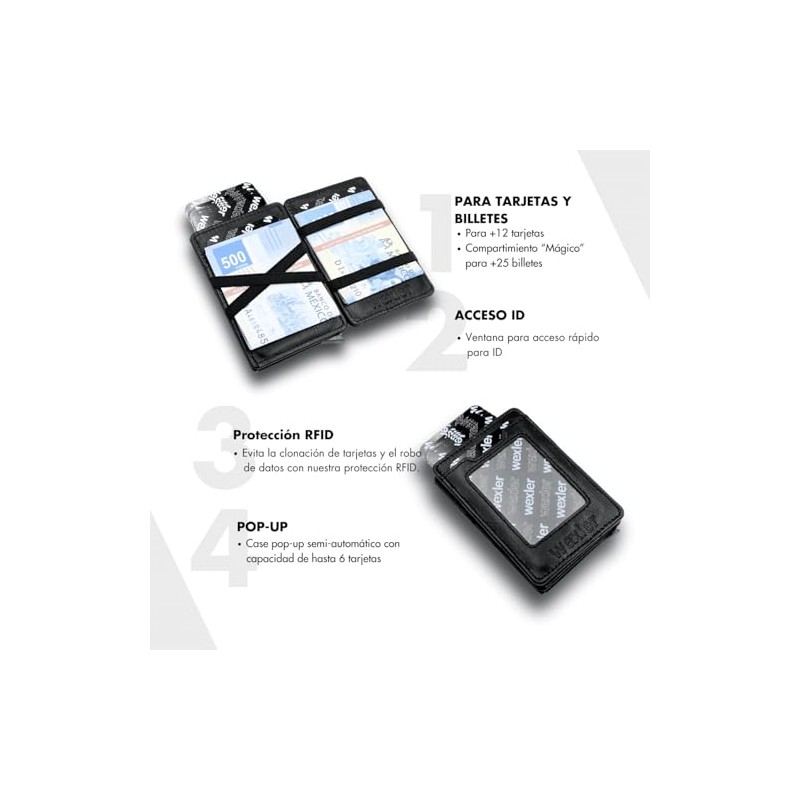 WEXLER Cartera Slim con Protección RFID, Mecanismo Pop-Up de Tarjetas
