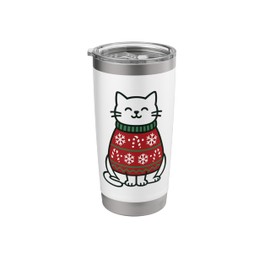 Christmas Cat Wearing Red Sweater with Snowflakes Design Stainless Steel Insulated Tumbler