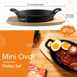 Mifoci 4 Pcs Cast Iron Skillet with Wooden Base Mini Cast Iron Fajita Plates Baker's Skillet Matte Black Small Pan for Kitchen Restaurant Barbecue Dinner (8.5 x 6.1 x 1.7 Inches)