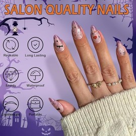 Uñas Postizas Halloween Almendra, Press On Acrílicas Llama Araña