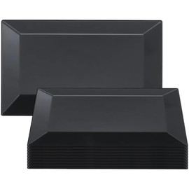 Kaya Elegant Rectangular Black Plastic Dessert Plates (5.5" x 8.5") - Pack of 10 - Perfect for Weddings, Birthdays & Home Use
