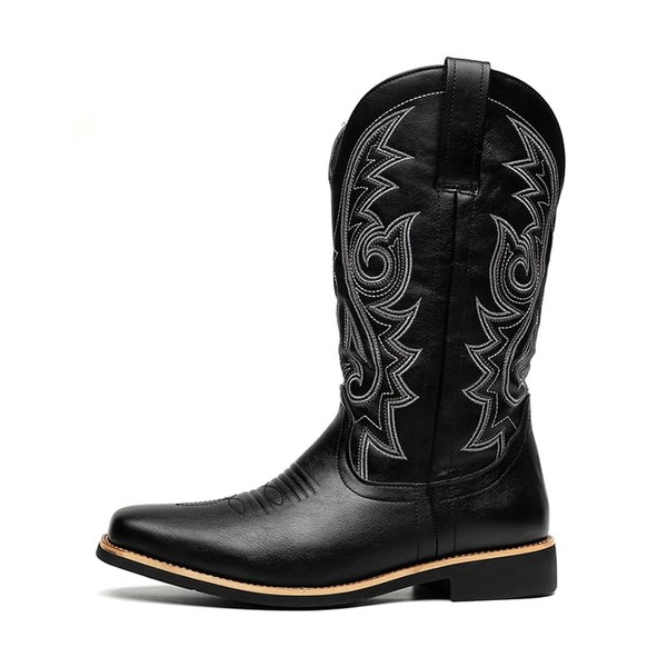 CHUUMEE Men's Fashion Round Toe Embroidered Western Cowboy Boots (Black