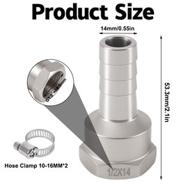Pack of 2 Stainless Steel Hose Nozzles, 14 mm Barb to 1/2 Inch IG, Female Thread Hose Fitting with Barb, DN15 Barb Hose Connection, Hose Nozzle, for Water, Gas, Air, Oil