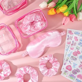 YLOLUL 32 Pcs Spa Sleepover Party Supplies for Girls Makeup Party Favor with Hair Scrunchies Clear Cosmetic Bags Eye Masks Sleepover Temporary Tattoos for Slumber Spa Essentials Favors Gift