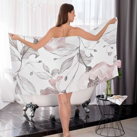 ALAZA Pink Rose Flower Gray Leaves Bath Towel Sets for Bathroom Set of 2 Cotton Hand Towels, 1 Extra Large Bathroom Towel, 1 Wachcloth, Soft Luxury Absorbent Decorative Towels Face Towel