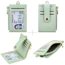 Women & Men Leather Keychain Card Holder Slim Small Zipper Front Pocket Wallet with 2 ID Window, Green