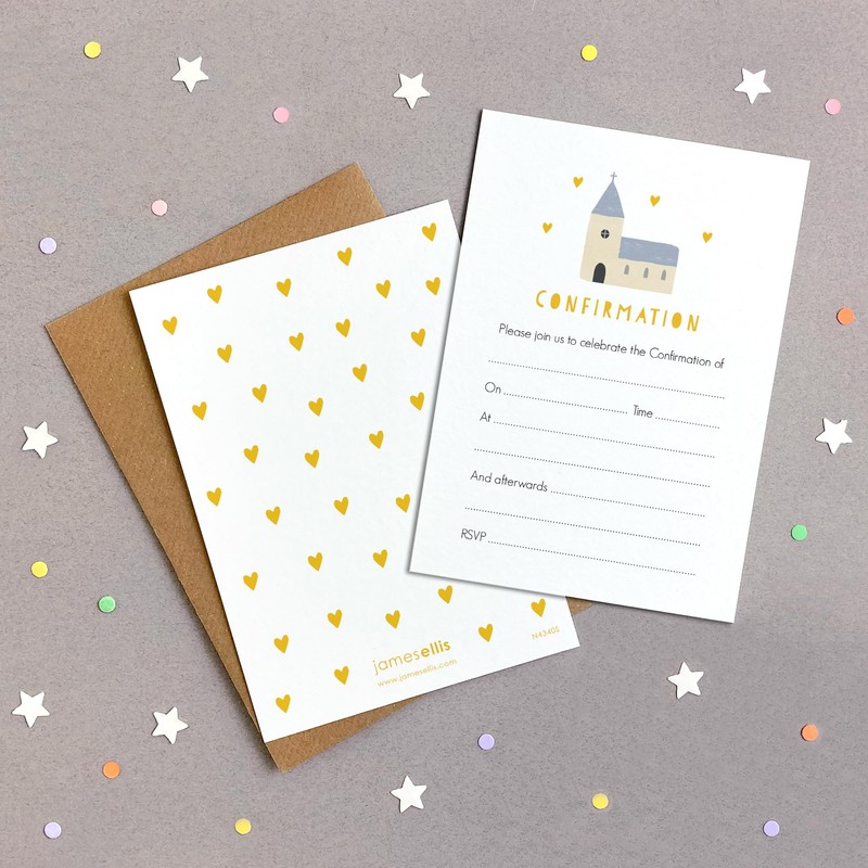 James Ellis Pack of 8 Yellow Confirmation Invitations with Envelopes