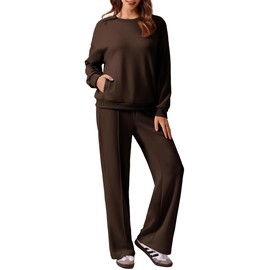 PINSPARK Two Piece Sets for Women Long Sleeve Crewneck Sweatshirts Athletic Straight Leg Lounge Set Tracksuit Outfits Fall 2024 Espresso L
