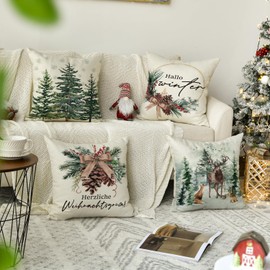 Artoid Mode Holly Pine Cones Reindeer Tree Christmas Cushion Covers Set of 4 40 x 40 cm Decorative Cushion Cover Living Room Outdoor Decoration