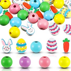 160 Pieces Easter Wood Beads for Craft Colorful Wooden Beads Rabbits Beads for Candy Cane Wooden Beads for DIY Supplies Easter Holiday Decor (Multiple Style)