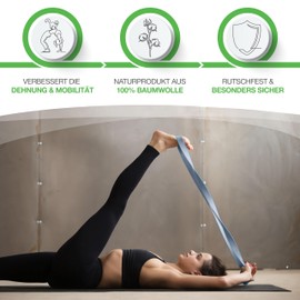 BACKLAXX ® Cotton Yoga Strap (Blue) - Sustainable Yoga Accessory Set, Yoga Strap 250 cm Long with Practical Metal Clasp - Yoga Set Ideal for Yoga, Pilates and Stretching Including Application Video
