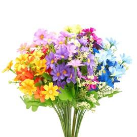 Pretty Jolly 6 Bundles Outdoor Artificial Flowers for Decoration,Silk Flowers UV Resistant Fake Flowers No Fade Faux Flowers Bouquet Hanging Plants for Indoor Outside Farmhouse Home Garden Rainbow Daisy Mums