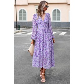 Women's Spring Wrap Maxi Dress Floral V Neck Long Sleeve Wedding Guest Party Casual Chiffon Dress Purple XL