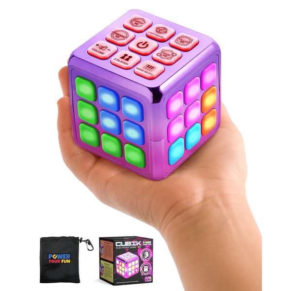 Power Your Fun Cubik LED Flashing Cube Memory Game- Electronic Handheld Game STEM Toy, 5 Brain Memory Games for Kids Brain Game Sensory Toys Cube Puzzle Fidget Toy Light Up Cube (Metallic Pink/Purple)