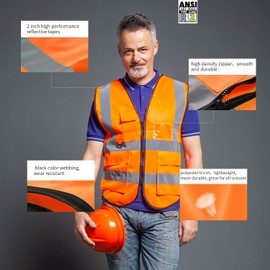 AKEIVN Mesh Safety Vest for Men and Women, High Visibility Reflective Safety Vest with Pockets, Zip Front, Meets ANSI/ISEA Standards, Orange-cloth