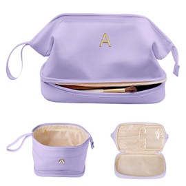 Vogewood Bridesmaid Gifts-Gifts for Women, Initial Large Makeup Bag, Travel Essentials, Double Layer Cosmetic Bag with Makeup Brush Organizer, Gifts for Friends Female, Graduation Gifts for Daughter