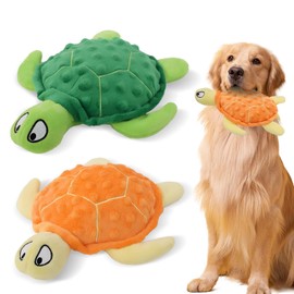 UgyDuky 2 Pcs Squeaky Sea Turtle Plush Dog Toy, Stuffed Plush Dog Toys with Squeakers & Crinkle for Puppy Teething, Interactive Chew Toys for Puppy to Keep Them Busy (Green+Orange)