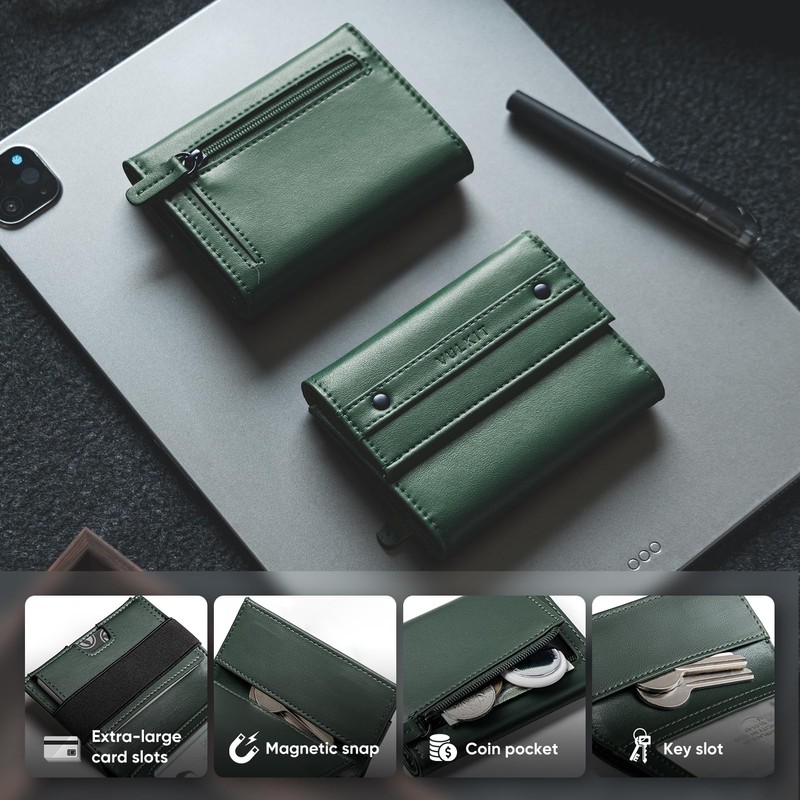 VULKIT Mens Wallet RFID Blocking Leather Compact Trifold with Zippered