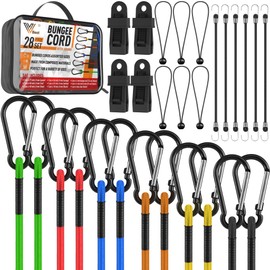 VBEST 28Pcs Bungee Cords with Hooks - Carabiner Bungee Cords Heavy Duty Outdoor - Bungee Cord Assorted Sizes Set Includes Small Bunjee Chords, Bunji Balls, Tarp Clips - Long Rubber Straps Bungie Cords