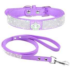 haoyueerCute Dazzling Sparkling Elegant Fancy Soft Suede Leather Bling Rhinestone Crystal Jeweled Pet Cat Dog Puppy Collar Dog Leash Combo Set (XS, Purple-5)