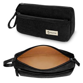 FINPAC Pencil Case, Corduroy Fabric Pencil Case with Wrist Strap, Large Capacity Pencil Case, School Pencil Case, Stationery Bag, Pencil Bag for School Office, black, pencil case