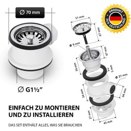 Aquade Strainer Basket Valve 70 mm – Strainer Basket Sink – Siphon Sink Set for Kitchen – Sink Drain – Model: Overflow Connection