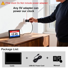 FEYBYLA Alarm Clock with Day and Date for Elderly 7inch Digital Calendar Clock Photo Frame- Auto Dimmable Display 15 Alarm Options, Clock with Non-Abbreviated Day & Month (7inch / Black)